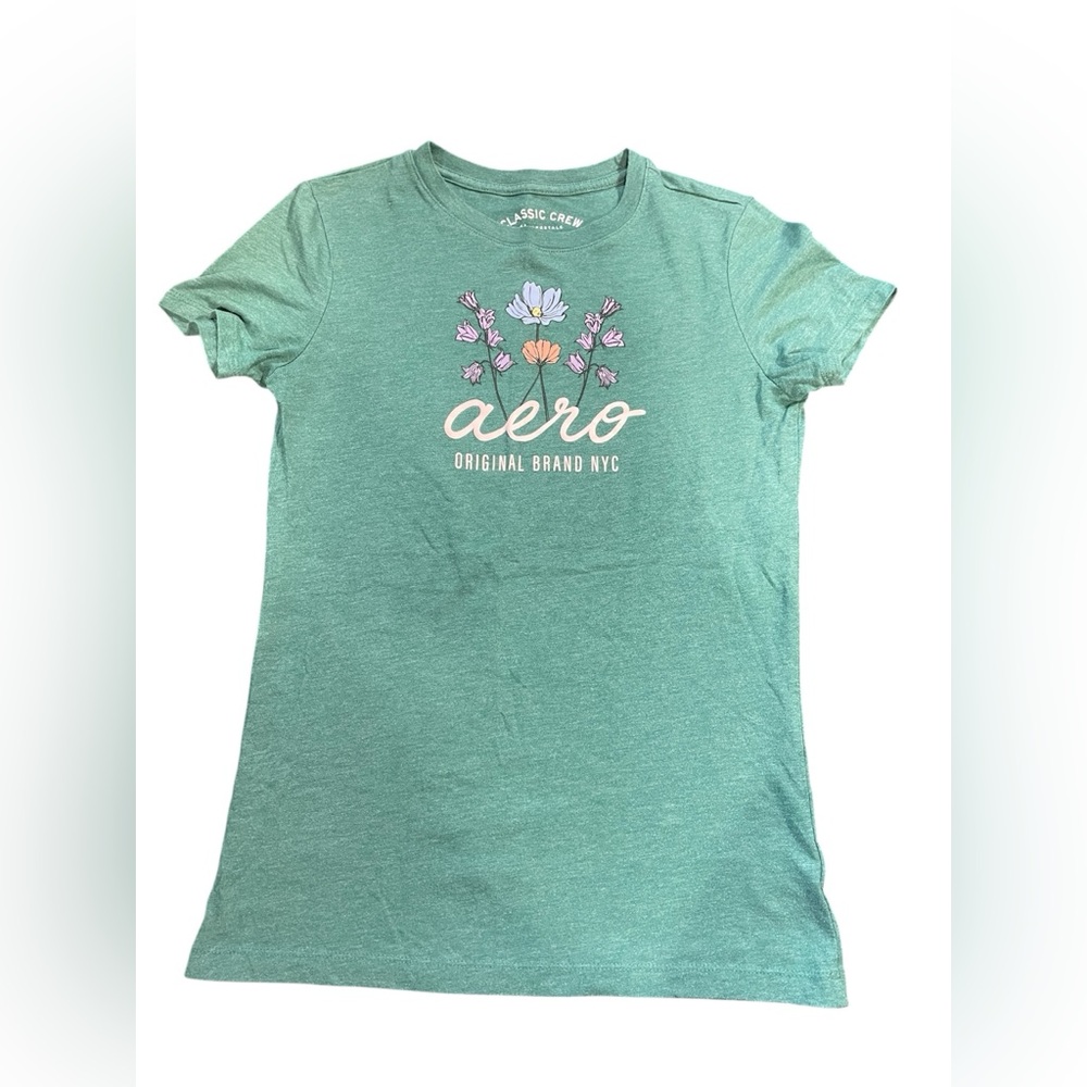 Aeropostale Green Floral Graphic Short Sleeve Classic Crew T-Shirt Medium Junior - Picture 5 of 9